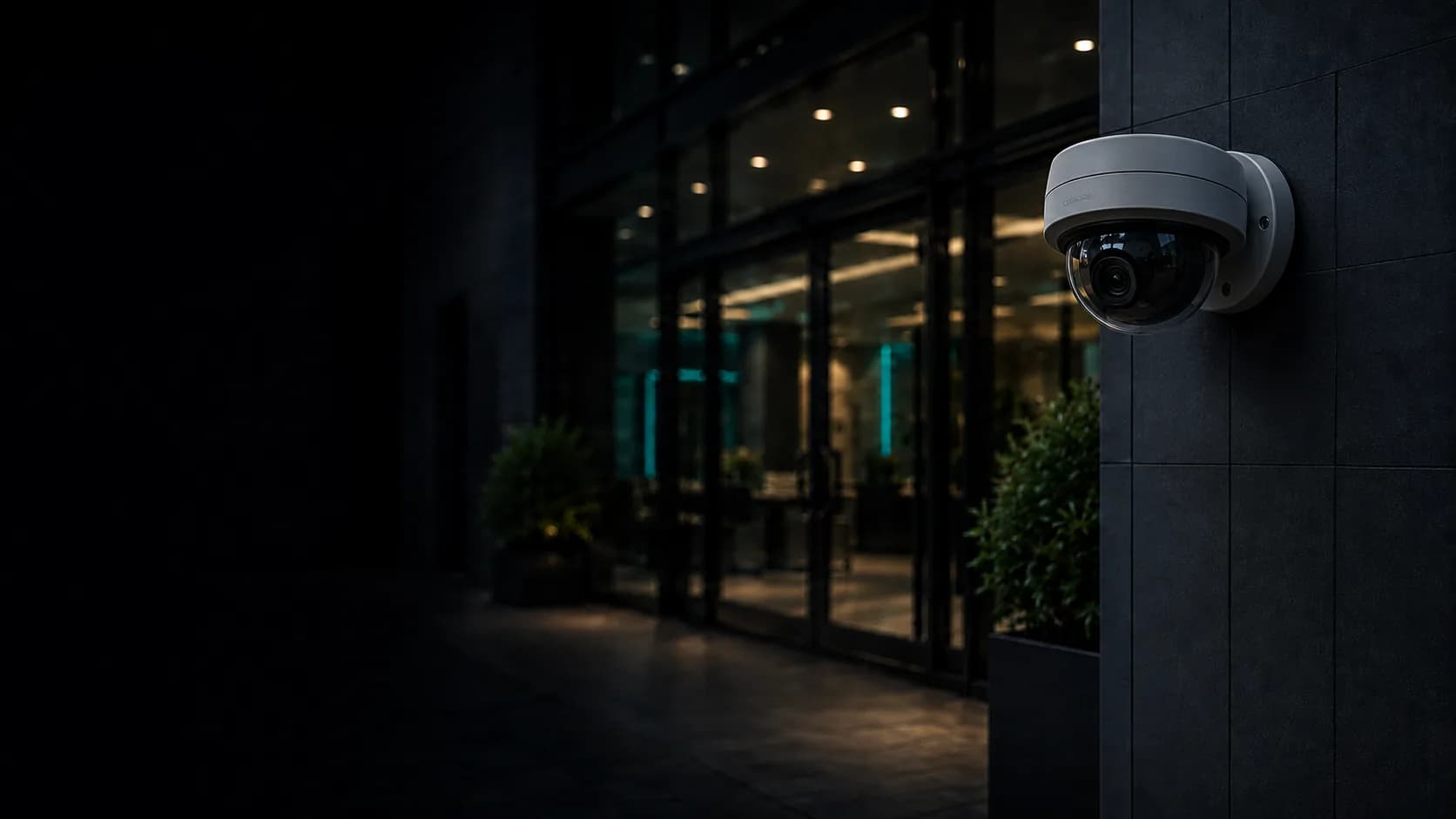 Dome CCTV camera positioned at a commercial entrance