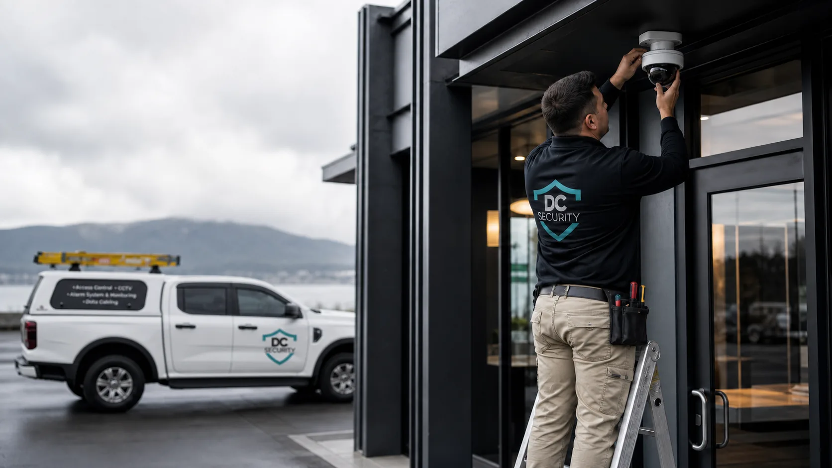 DC Security technician installing a CCTV camera at a commercial entrance