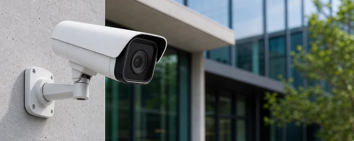 CCTV camera installed outside a modern commercial building