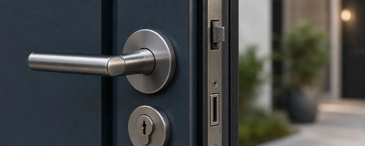 Secure door handle and lock hardware on a dark entry door