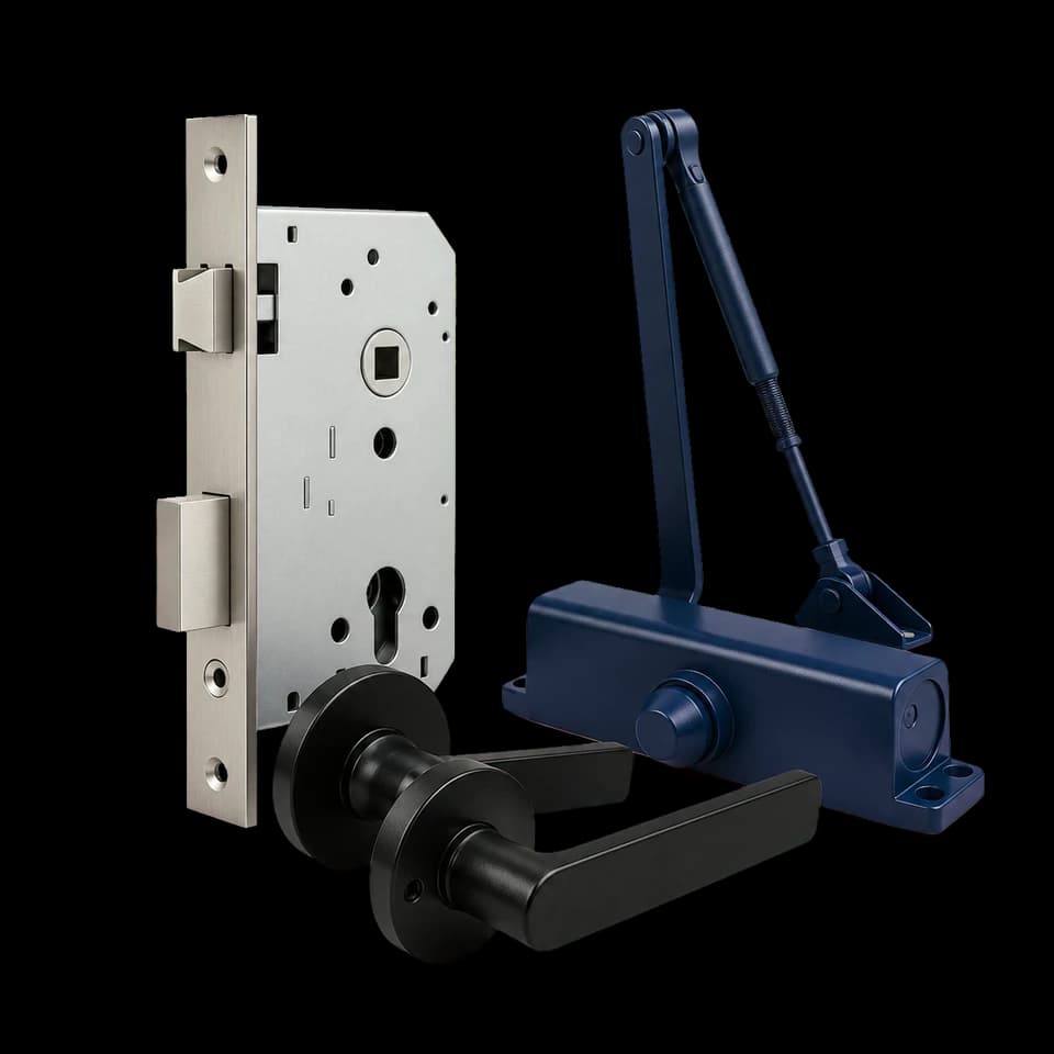 Commercial mortice lock, door closer and black lever hardware