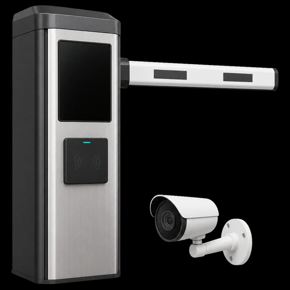 Graphite vehicle barrier terminal with integrated reader and white CCTV camera