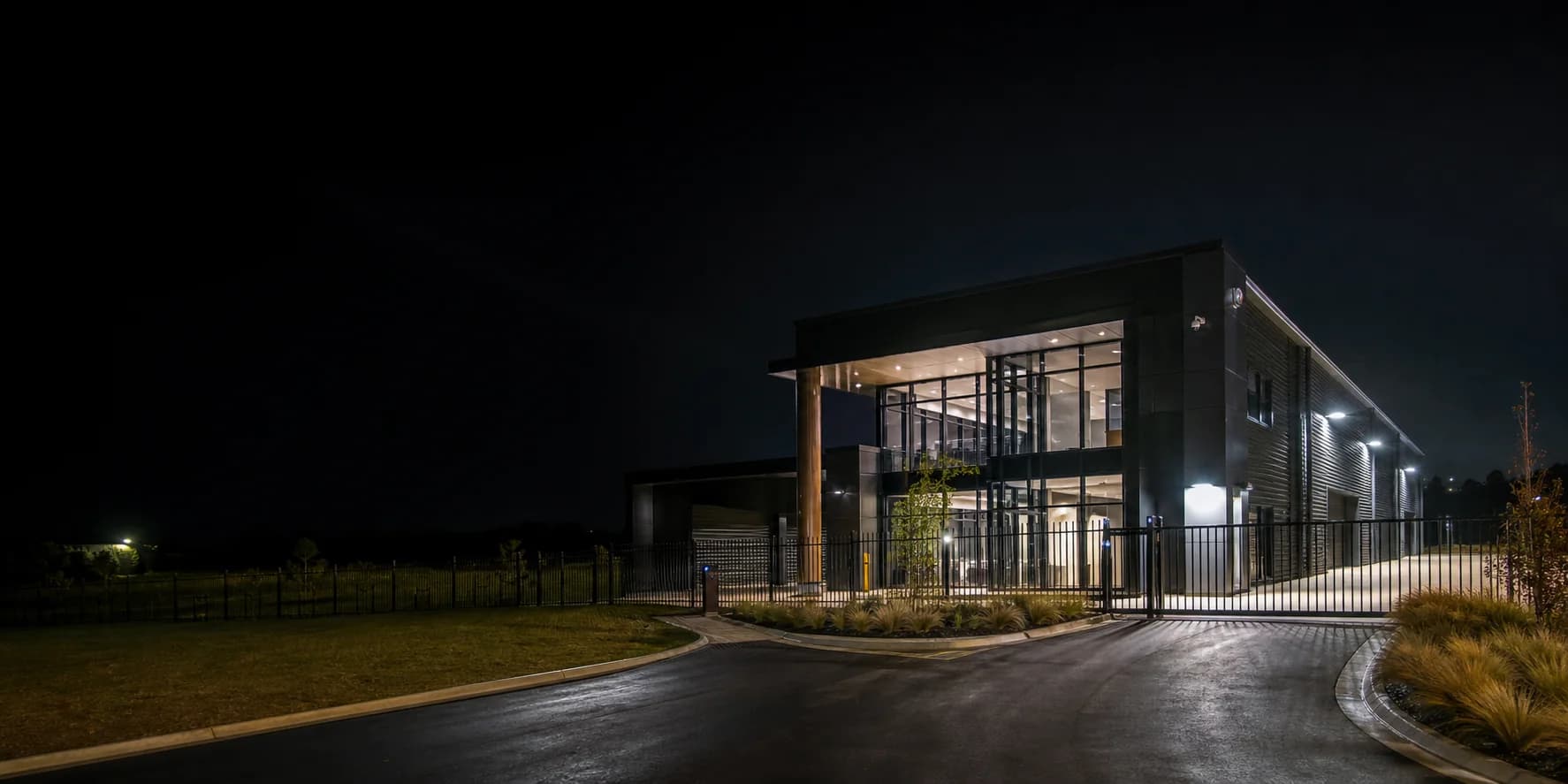 Secure commercial facility with perimeter fencing and controlled access.