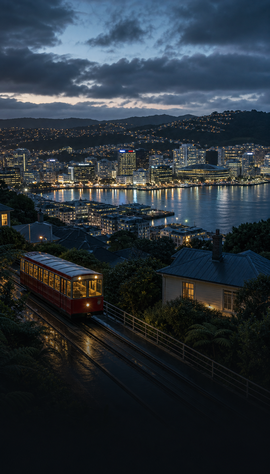 Wellington harbour and hillside city lights at dusk.