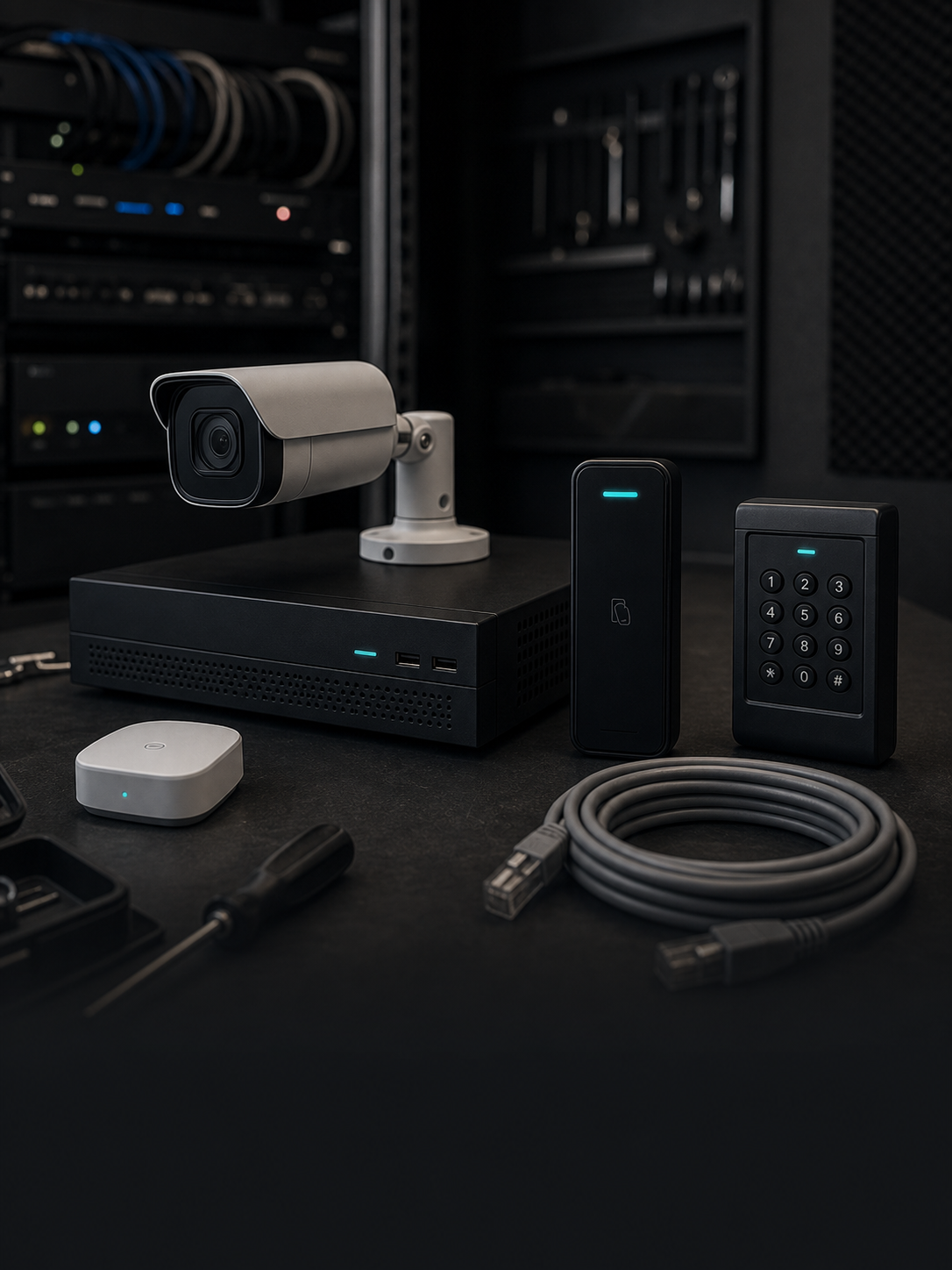 Modern bullet CCTV camera, access control and recording equipment arranged in a technical workshop.