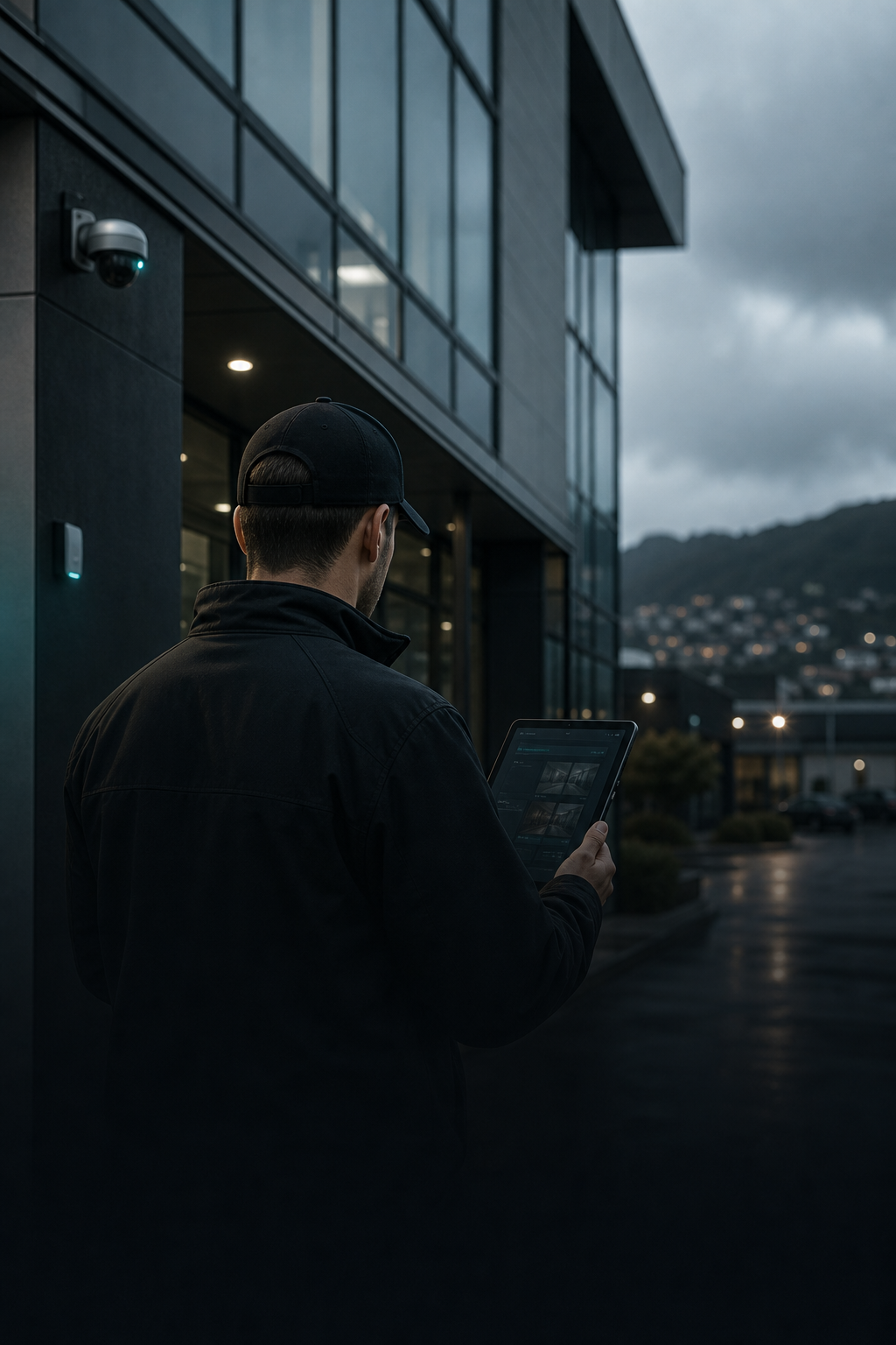 A security technician assessing CCTV and access hardware outside a commercial building.